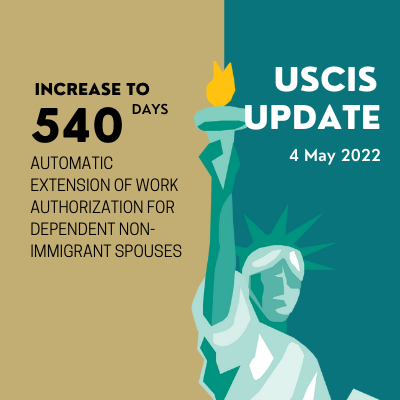 USCIS update 4 May 2022- Automatic extension of work authorization increased from 180 days to 540 days